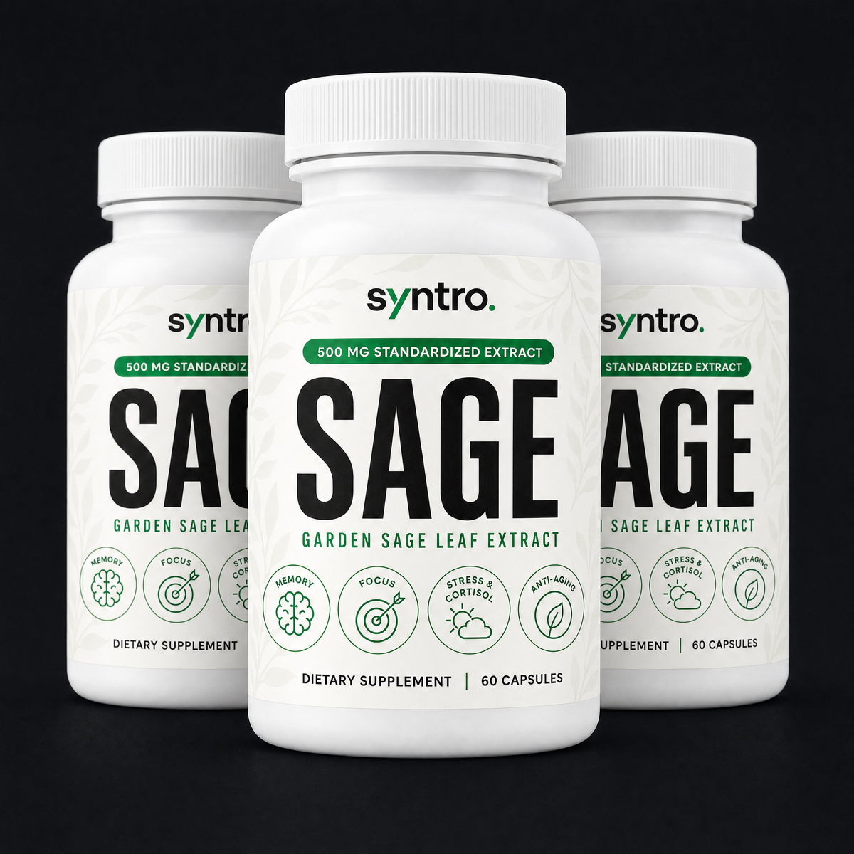 Three Syntro SAGE bottles on a dark ground