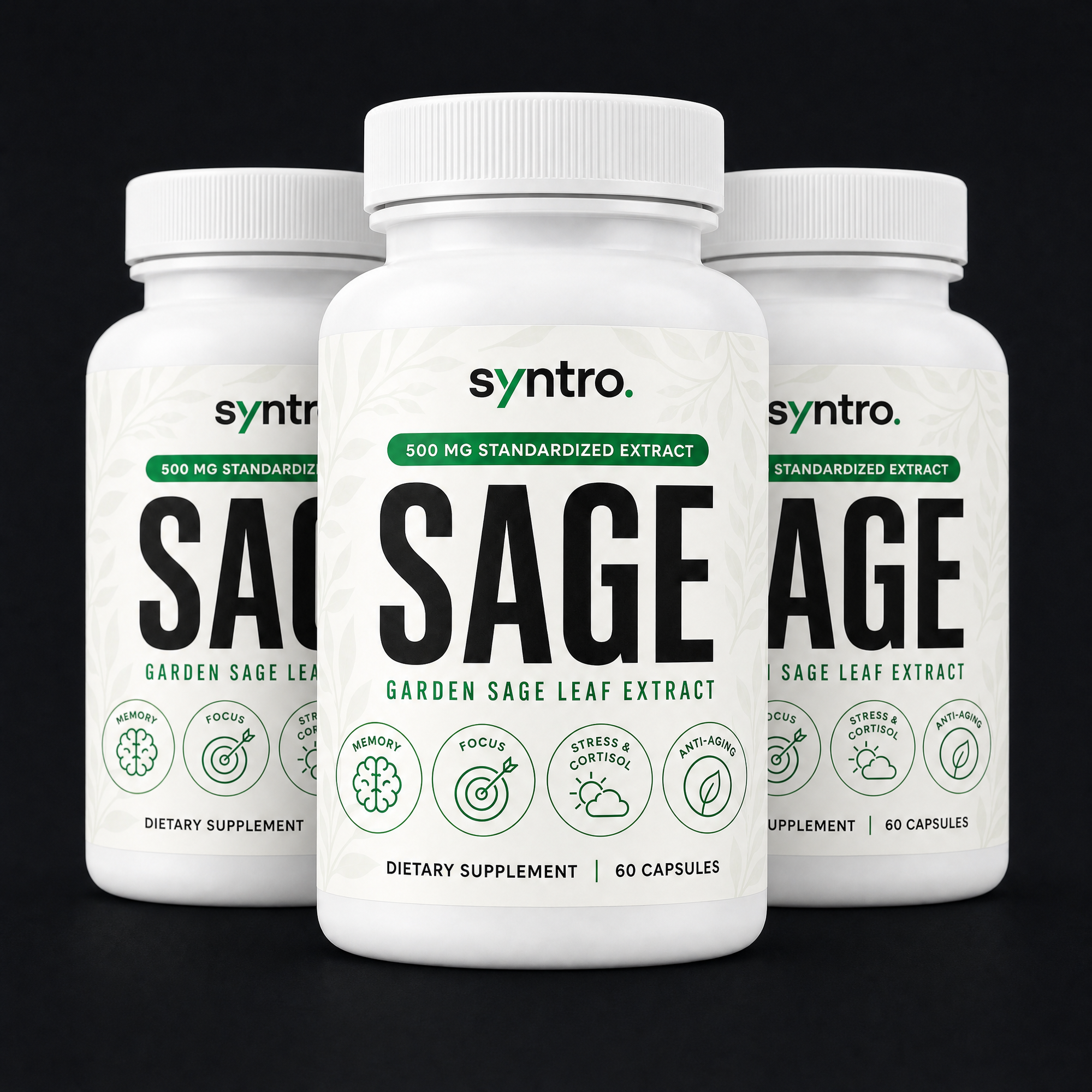 Three Syntro SAGE bottles grouped on a dark ground