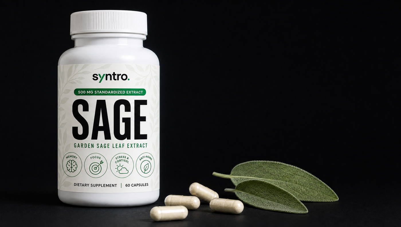 The Syntro SAGE bottle with capsules and sage leaves on a dark ground