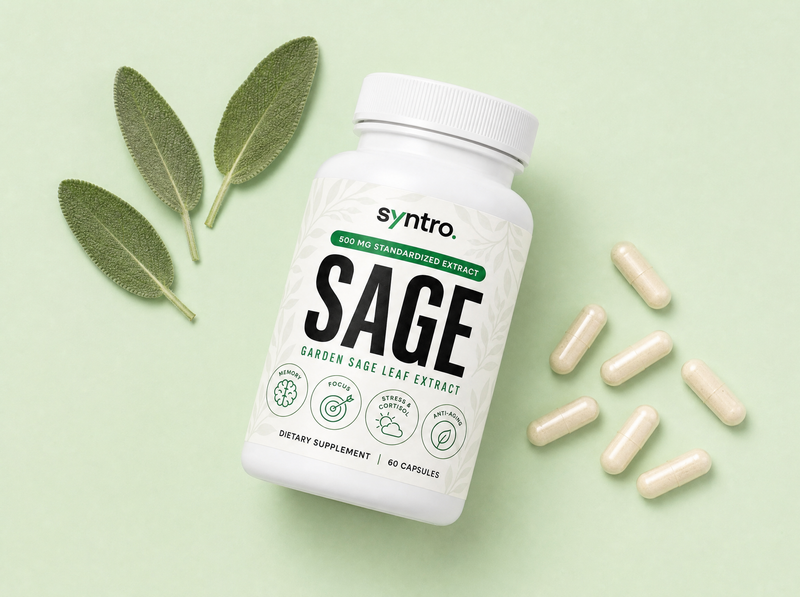 Overhead flat lay of the Syntro SAGE bottle with capsules and sage leaves